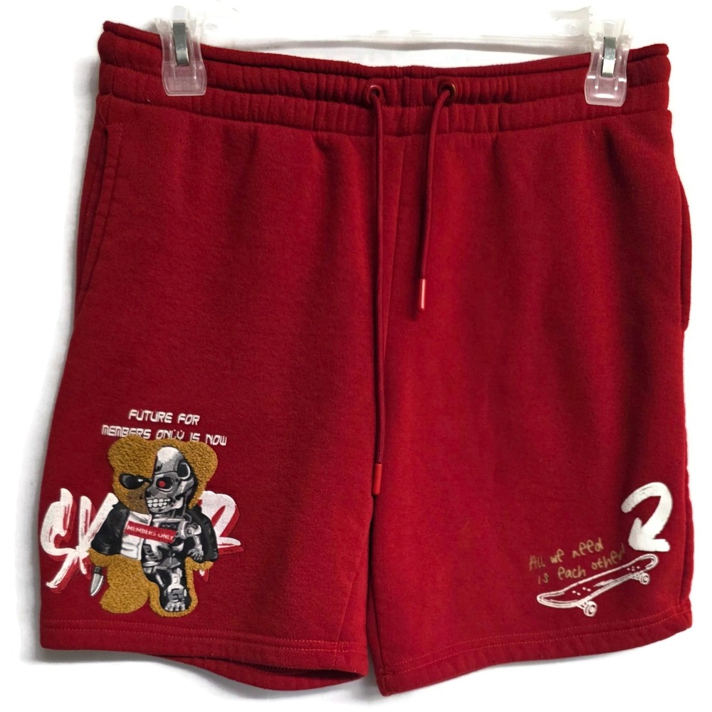 Members Only Mens Red Fleece Skater Bear Cyborg Graphic Sweat Shorts Size L